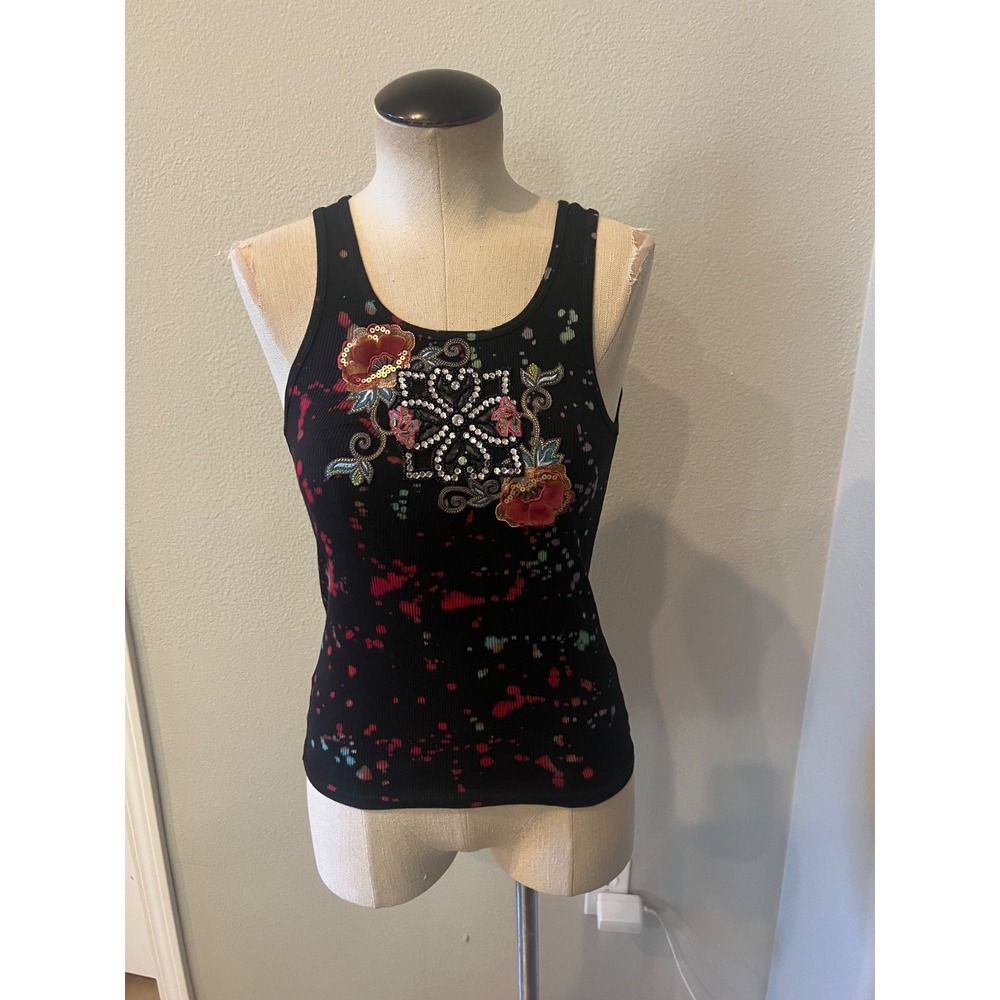Margret J Womens Small Black Embellished Floral Rhinestone Beaded Tank Top USA